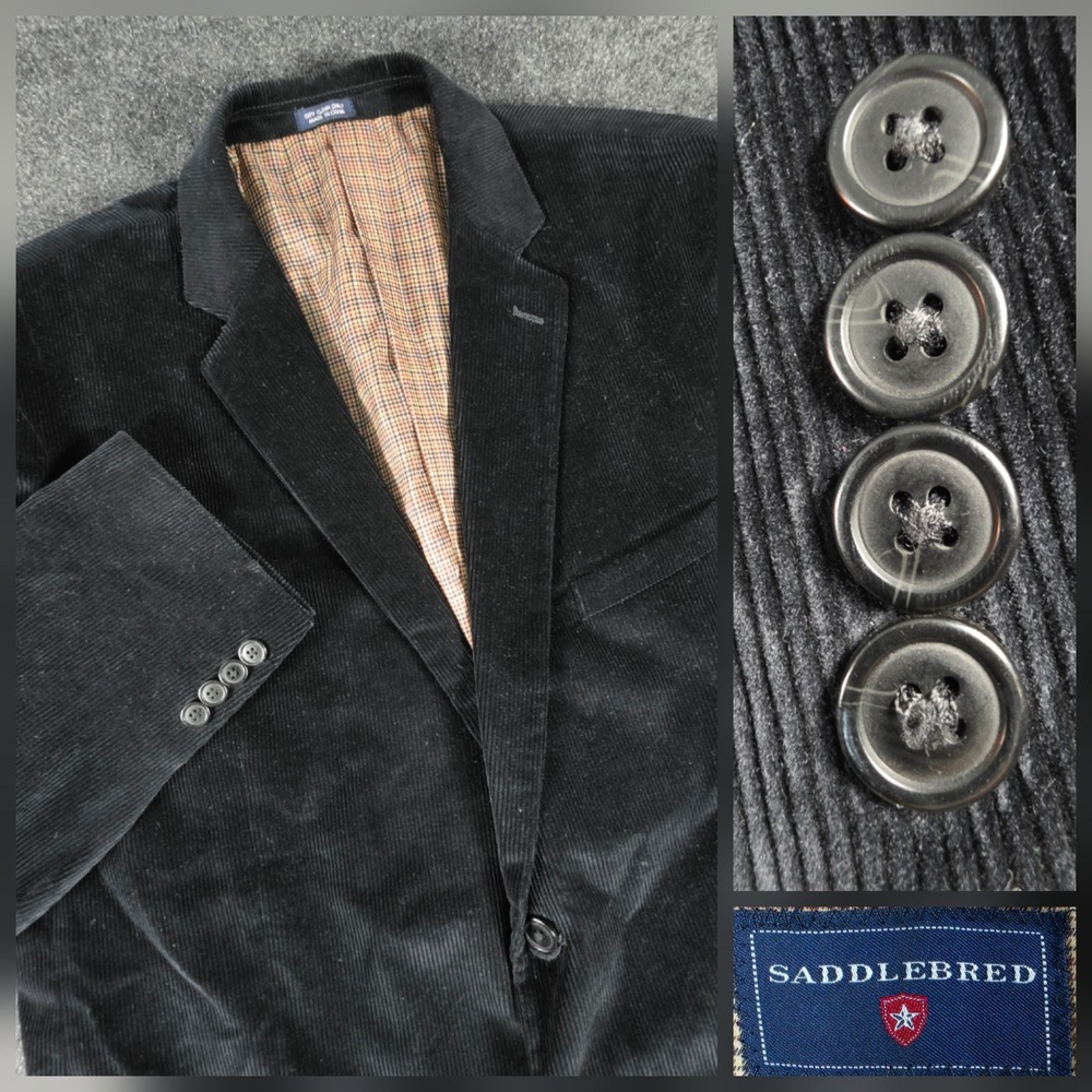 Saddlebred Corduroy Blazer Mens 46L Black Two Button Sport Coat Cotton